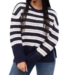GAP Oversized Navy‎ White Striped Crochet Open Knit Sweater Nautical Coastal S